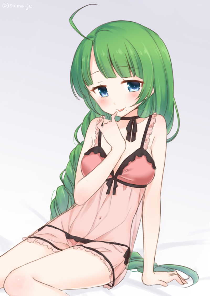 1girl :p arm_support bare_arms bare_shoulders blue_eyes braid breasts closed_mouth collarbone green_hair hand_up head_tilt kantai_collection lingerie long_hair masuishi_kinoto medium_breasts mole mole_under_mouth navel negligee panties pink_panties see-through side-tie_panties single_braid sitting smile solo tongue tongue_out twitter_username underwear very_long_hair yuugumo_(kantai_collection)