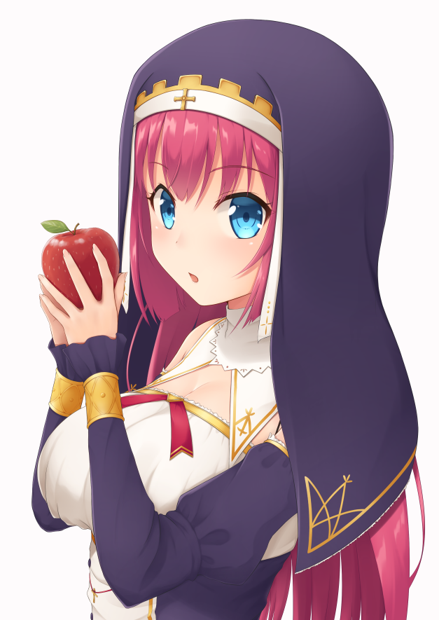 1girl apple avila_(oshiro_project) blue_eyes breasts eyebrows_visible_through_hair food fruit holding holding_fruit large_breasts long_hair looking_at_viewer midoriyama_soma nun oshiro_project oshiro_project_re redhead simple_background solo upper_body white_background