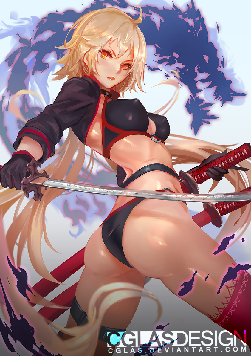 1girl artist_name ass black_gloves blonde_hair breasts cglas erect_nipples fate/grand_order fate_(series) gloves holding holding_sword holding_weapon jeanne_d'arc_(alter)_(fate) jeanne_d'arc_(fate)_(all) katana long_hair looking_at_viewer midriff o-ring red_legwear sheath sheathed solo standing sword thigh_strap twisted_torso very_long_hair watermark weapon web_address