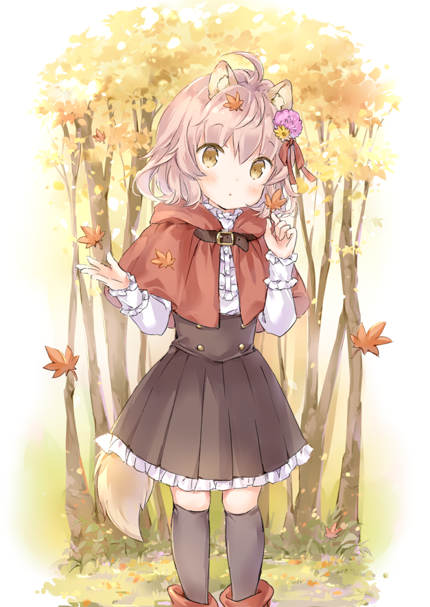 1girl animal_ears autumn autumn_leaves black_legwear boots capelet flower forest hair_flower hair_ornament nature original parted_lips pleated_skirt red_footwear shirt short_hair skirt solo tail tree wataame27 wolf_ears wolf_tail yellow_eyes younger