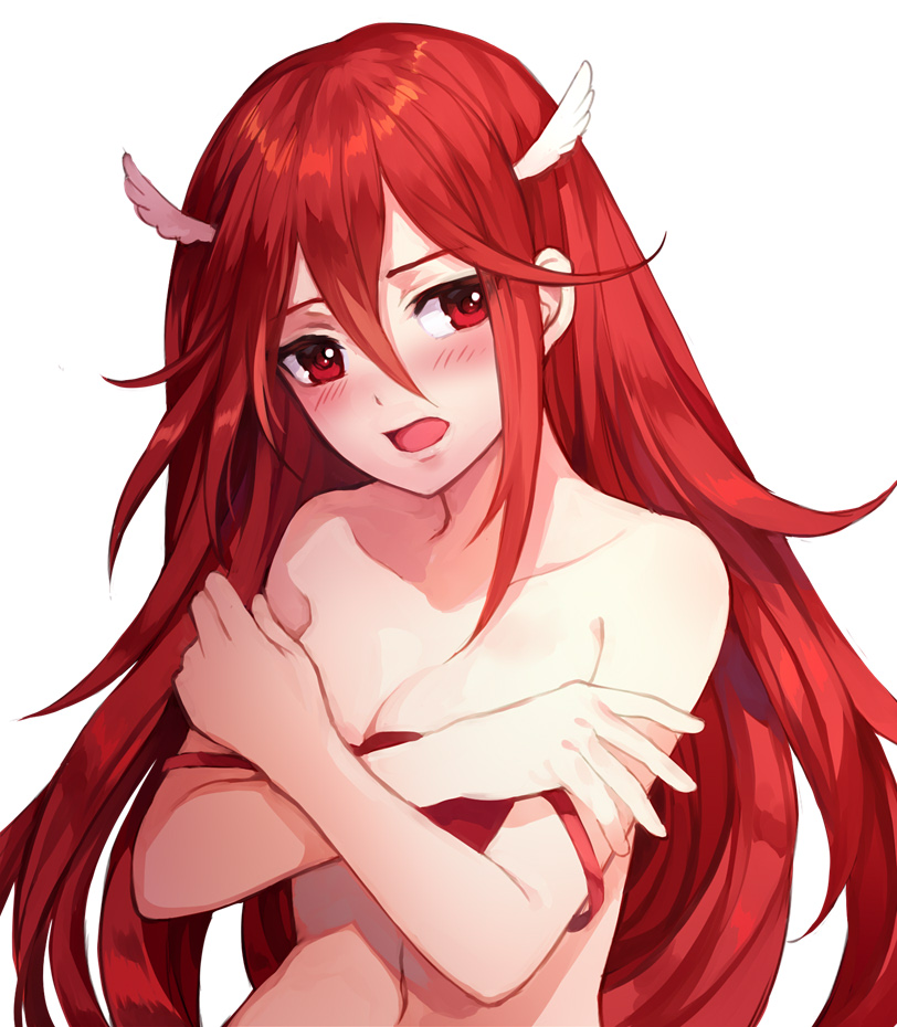 1girl bangs bare_shoulders bikini blush breast_conscious breast_hold breasts cleavage collarbone crossed_arms fire_emblem fire_emblem:_kakusei hair_between_eyes hair_ornament head_tilt head_wings jurge long_hair navel nintendo open_mouth red_bikini red_eyes redhead simple_background small_breasts solo strap_slip swimsuit cordelia_(fire_emblem) upper_body very_long_hair white_background white_wings wing_hair_ornament wings