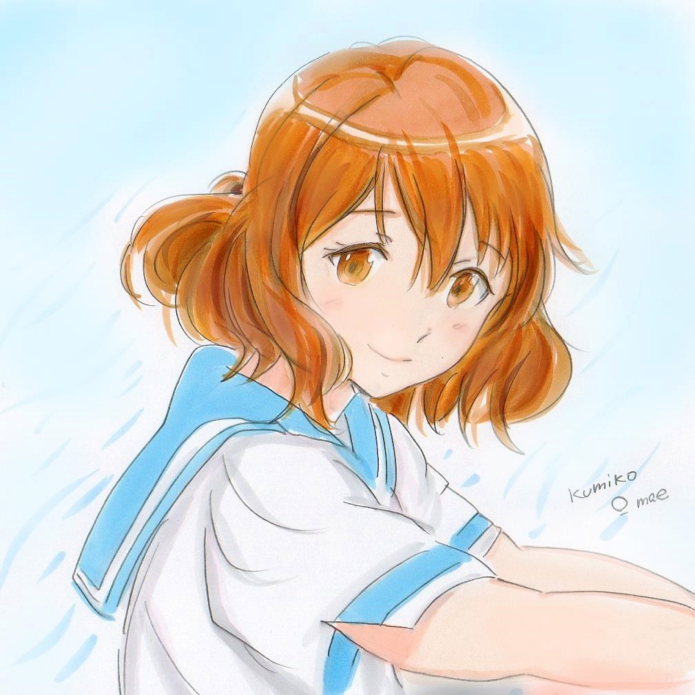 1girl brown_eyes brown_hair hibike!_euphonium looking_at_viewer marker_(medium) oumae_kumiko potekite school_uniform serafuku short_hair smile solo traditional_media