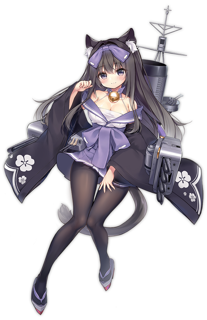 1girl :3 animal_ears arashio_(azur_lane) azur_lane bell black_hair black_legwear blue_skirt blush bow breasts cat_ears cat_tail cleavage closed_mouth eyebrows_visible_through_hair full_body hair_bow large_breasts long_hair looking_at_viewer multicolored_hair official_art pantyhose purple_bow skirt smile solo tail transparent_background two-tone_hair white_hair yoi_(sukie1314)