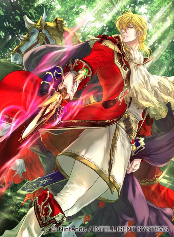 1boy black_cape blonde_hair boots cape coat collar collared_cape cravat eltoshan_(fire_emblem) fire_emblem fire_emblem:_seisen_no_keifu fire_emblem_cipher forest from_below holding holding_sword holding_weapon horse knee_boots lips looking_at_viewer male_focus medium_hair mystletainn nature nintendo official_art pants red_coat sheath sidelocks solo suzuki_rika sword turtleneck weapon white_footwear white_pants yellow_eyes