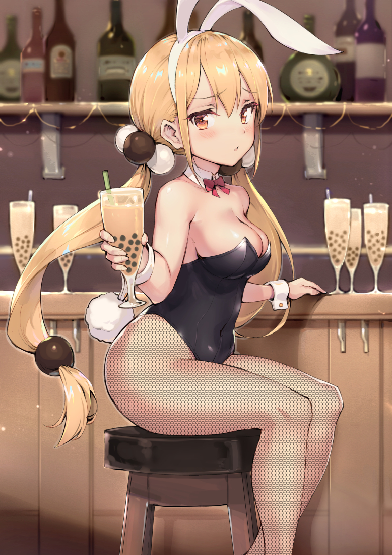 1girl animal_ears bar_stool bare_shoulders blonde_hair blush bow bowtie breasts bunnysuit cleavage commentary_request covered_navel detached_collar drink eyebrows_visible_through_hair fake_animal_ears fishnet_pantyhose fishnets from_side hairband haoni indoors leotard long_hair looking_at_viewer low_twintails medium_breasts orange_eyes pantyhose rabbit_ears shokuyou-kei_shoujo sitting solo stool twintails virtual_youtuber wrist_cuffs