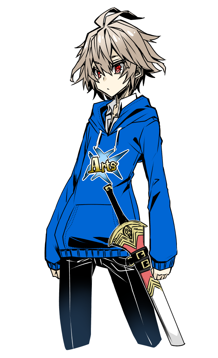 1boy ahoge arts_shirt black_jeans black_pants blue_hoodie blue_jacket brown_hair clenched_hand fate/apocrypha fate_(series) haoro jacket pants red_eyes sheath sheathed sieg_(fate/apocrypha) simple_background solo solo_focus sword weapon white_background