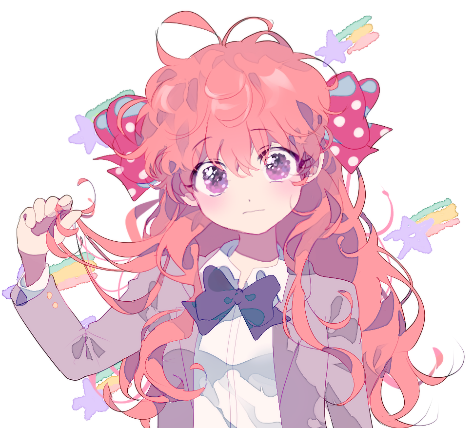 1girl antenna_hair bangs blazer blush bow bowtie commentary_request eyebrows_visible_through_hair gekkan_shoujo_nozaki-kun hair_between_eyes hair_bow holding holding_hair inhye jacket long_hair looking_at_viewer messy_hair orange_hair polka_dot polka_dot_bow rouman_academy_uniform sakura_chiyo school_uniform simple_background solo star upper_body violet_eyes wavy_mouth white_background