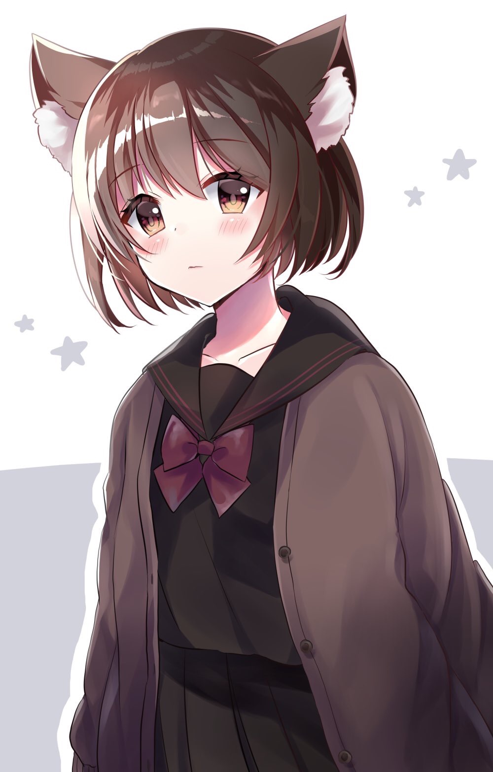 1girl animal_ear_fluff animal_ears arms_at_sides bangs black_sailor_collar black_serafuku black_skirt bow brown_eyes brown_hair cardigan cat_ears cat_girl closed_mouth commentary_request eyebrows_visible_through_hair grey_background grey_cardigan highres light_frown long_sleeves looking_at_viewer minami_saki open_cardigan open_clothes original purple_bow sailor_collar school_uniform serafuku shiny shiny_hair short_hair skirt solo star two-tone_background unbuttoned upper_body white_background