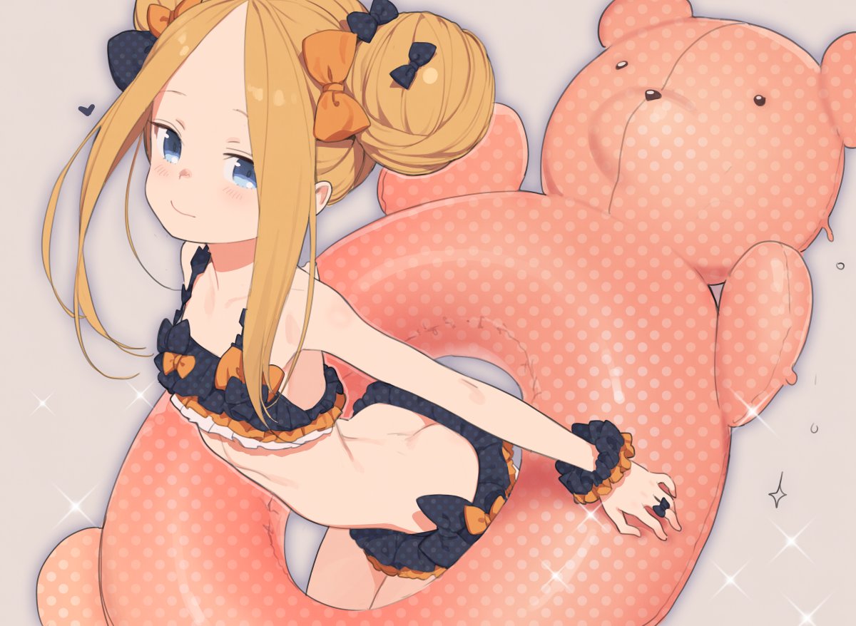 1girl abigail_williams_(fate/grand_order) ass bangs bent_over bikini blonde_hair blue_eyes blush bow butt_crack collarbone doremi double_bun fate/grand_order fate_(series) flat_chest frilled_bikini frills hair_bow heart innertube legs_together long_hair looking_at_viewer parted_bangs ribs scrunchie simple_background smile solo standing swimsuit