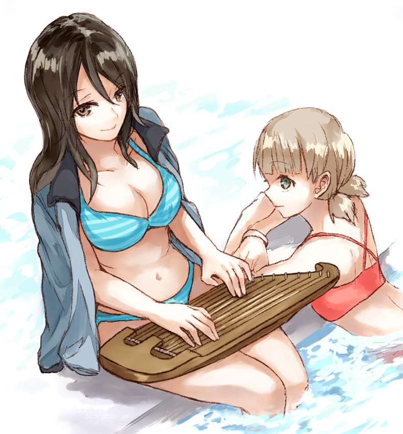 aki_(girls_und_panzer) bangs bikini blue_background blue_jacket bracelet breasts cleavage closed_mouth commentary eyebrows_visible_through_hair frown girls_und_panzer green_eyes holding holding_instrument instrument jacket jacket_on_shoulders jewelry kantele keizoku_military_uniform long_hair looking_at_another looking_at_viewer medium_breasts mika_(girls_und_panzer) music navel partially_submerged pink_bikini playing_instrument pool poolside raglan_sleeves short_hair short_twintails sitting smile soaking_feet standing striped striped_bikini swimsuit track_jacket twintails yuuyu_(777)