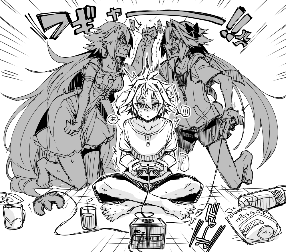 1girl 2boys ahoge angry arguing astolfo_(fate) braid crossdressinging cup dress drink drinking_glass drinking_straw fate/apocrypha fate_(series) fighting food game game_console gamecube gamecube_controller greyscale hand_holding haoro jacket jeanne_d'arc_(fate) jeanne_d'arc_(fate)_(all) long_hair monochrome multiple_boys otoko_no_ko pants playing_games shorts sieg_(fate/apocrypha)