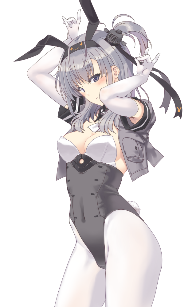 1girl adapted_costume animal_ears armpit_peek arms_up bangs black_hairband blush breasts bunny_tail bunnysuit cleavage closed_eyes covered_navel cowboy_shot cropped_jacket detached_collar elbow_gloves eyebrows_visible_through_hair fake_animal_ears fake_tail gloves grey_hair grey_jacket hairband jacket kantai_collection leotard long_hair medium_breasts nakadori_(movgnsk) one_side_up open_clothes open_jacket pantyhose pocket rabbit_ears shiny shiny_hair short_sleeves simple_background smile solo strapless strapless_leotard suzutsuki_(kantai_collection) tail violet_eyes white_background white_gloves white_legwear wing_collar