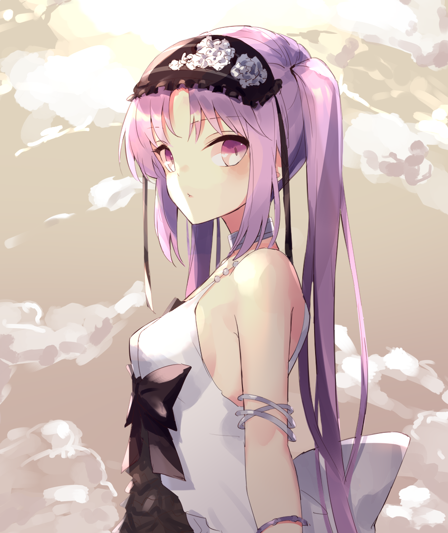 1girl armlet arms_at_sides bangs bare_shoulders black_bow blush bow bracelet breasts choker closed_mouth clouds cloudy_sky commentary_request dress euryale eyebrows_visible_through_hair fate/grand_order fate_(series) frilled_hairband frills from_side hairband jewelry lolita_hairband long_hair looking_at_viewer looking_to_the_side medium_breasts parted_bangs pearl purple_hair sideboob sky sleeveless sleeveless_dress solo sutaa_dasuto-kun twintails upper_body violet_eyes white_choker white_dress