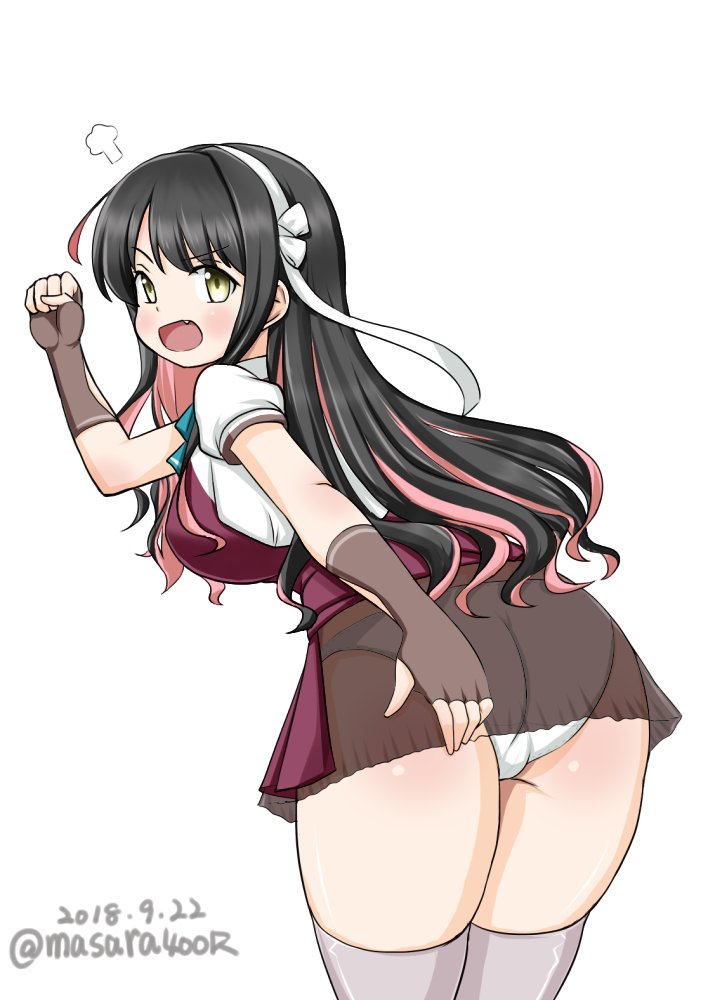 1girl angry ass black_hair brown_gloves brown_skirt commentary_request dated eyebrows_visible_through_hair fang fingerless_gloves from_behind gloves hair_ribbon kantai_collection long_hair looking_at_viewer looking_back masara_(masalucky2010) multicolored_hair naganami_(kantai_collection) open_mouth panties pink_hair purple_vest remodel_(kantai_collection) ribbon see-through short_sleeves simple_background skirt solo twitter_username two-tone_hair underwear vest wavy_hair white_background white_panties yellow_eyes