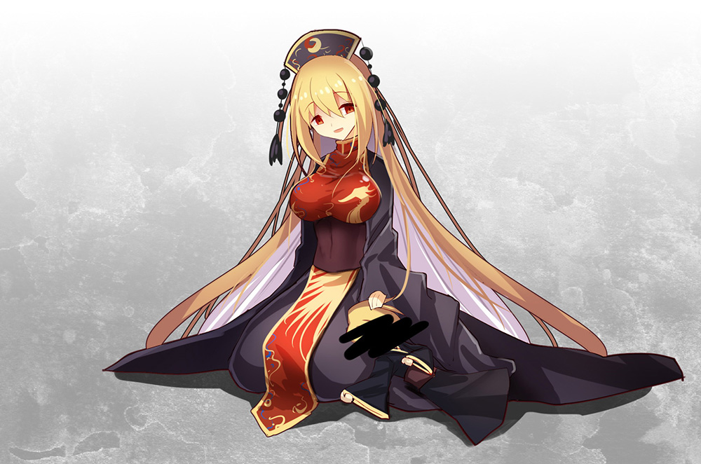 1boy 1girl :d bangs black_dress black_kimono blonde_hair bofeng breasts censored commentary_request covered_navel dress gradient gradient_background grey_background head_tilt headdress identity_censor japanese_clothes junko_(touhou) kimono large_breasts long_hair long_sleeves looking_at_viewer lying mother_and_son on_back open_mouth red_eyes seiza short_hair sitting smile tabard tassel touhou very_long_hair white_background wide_sleeves z.o.b