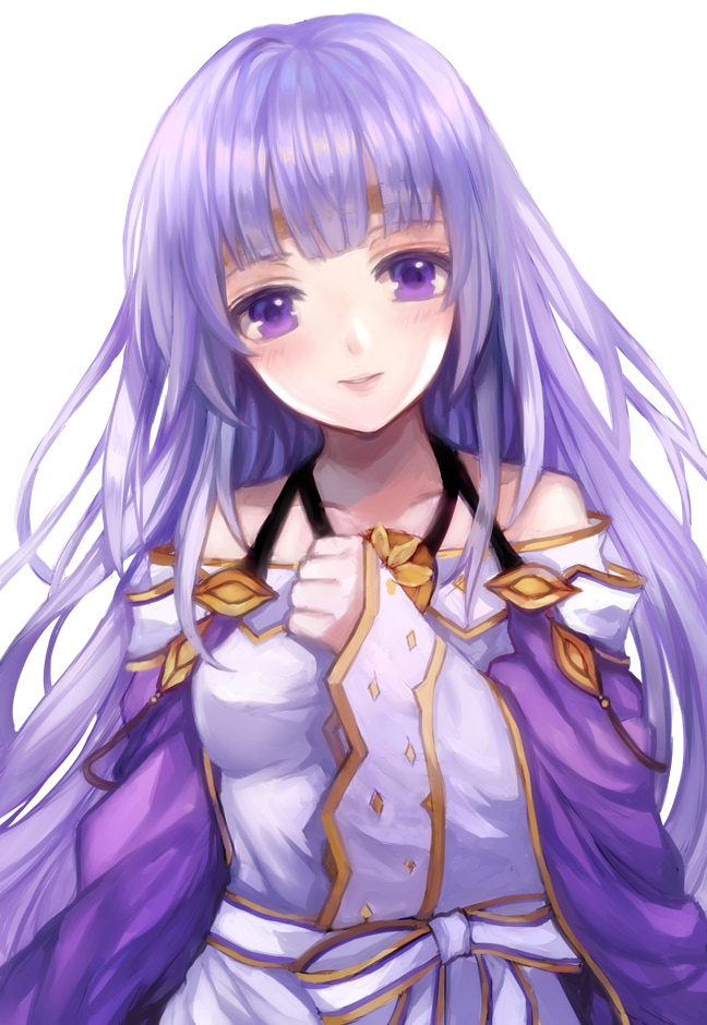 1girl bangs blunt_bangs blush bow cape circlet collarbone dress eyebrows_visible_through_hair fire_emblem fire_emblem:_seisen_no_keifu hand_up head_tilt jurge long_hair long_sleeves looking_at_viewer nintendo off-shoulder_dress off_shoulder parted_lips purple_cape purple_hair simple_background sleeves_past_wrists smile solo upper_body violet_eyes white_background white_bow white_dress wide_sleeves yuria_(fire_emblem)