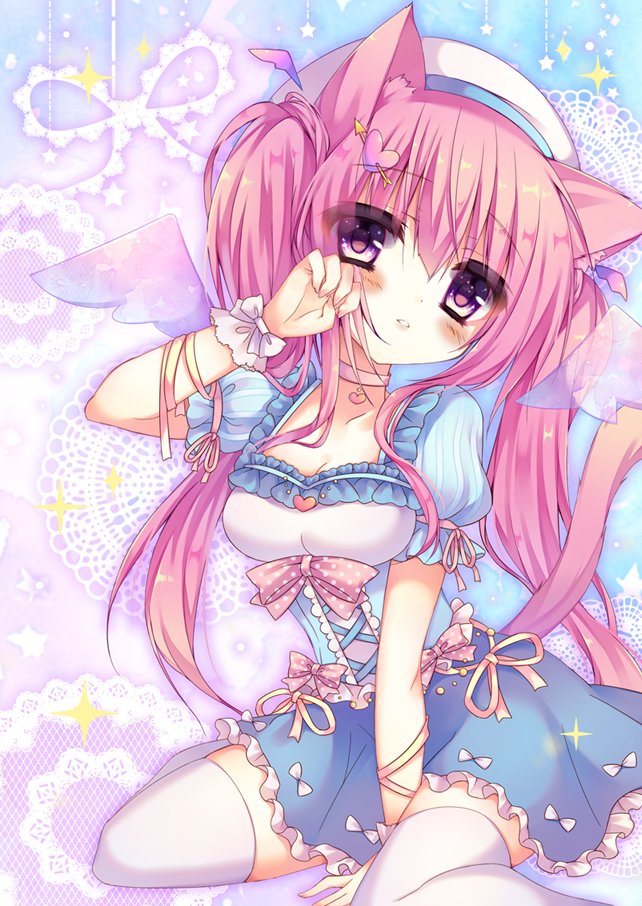 1girl animal_ears arm_ribbon arm_support arrow_through_heart bangs between_legs blue_dress blush bow breasts cat_ears cat_girl cat_tail collar collarbone commentary_request corset cross-laced_clothes detached_wings dress frill_trim frilled_dress frills hair_between_eyes hair_ornament hat head_tilt head_wings heart heart_collar heart_hair_ornament honoka_(1399871) looking_at_viewer medium_breasts original parted_lips pink_bow pink_collar pink_eyes pink_hair pink_ribbon puffy_short_sleeves puffy_sleeves ribbon short_sleeves sidelocks sitting solo tail thigh-highs tied_sleeves twintails wariza white_hat white_legwear wings