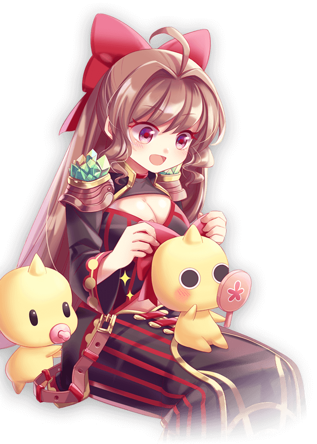 1girl :d ahoge belt black_eyes black_skirt blush bow breasts brown_eyes brown_hair cleavage crystal grand_fantasia hair_bow horn long_hair mirror official_art open_mouth pacifier red_bow sitting sitting_on_lap sitting_on_person skirt smile solo transparent_background