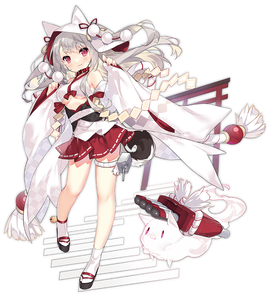 1girl :3 animal animal_ears azur_lane bell blush breasts cleavage closed_mouth eyebrows_visible_through_hair full_body grey_hair large_breasts long_hair looking_at_viewer official_art red_eyes red_skirt sandals saru skirt smile socks solo thick_eyebrows transparent_background under_boob white_legwear yuudachi_(azur_lane)
