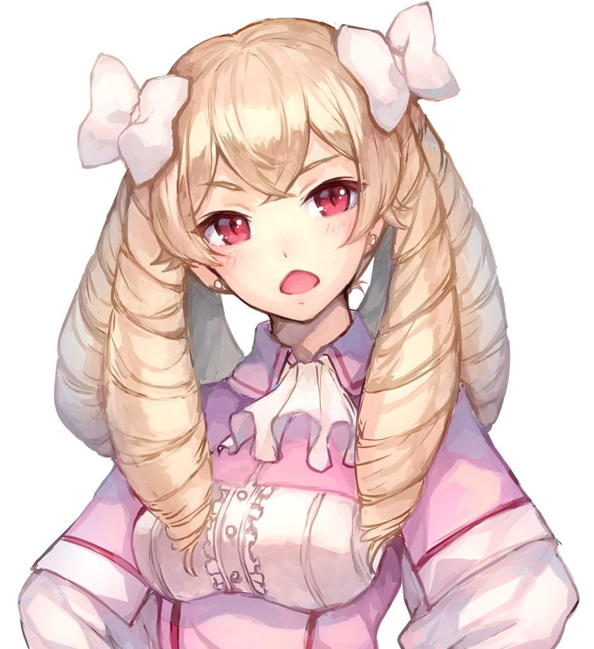 1girl bangs blonde_hair blush bow breasts buttons capelet center_frills crossed_bangs dress drill_hair earrings eyebrows_visible_through_hair fire_emblem fire_emblem:_kakusei frills hair_bow head_tilt jewelry jurge light_brown_hair long_hair mariabel_(fire_emblem) medium_breasts nintendo open_mouth pink_capelet pink_dress red_eyes simple_background solo v-shaped_eyebrows white_background white_bow
