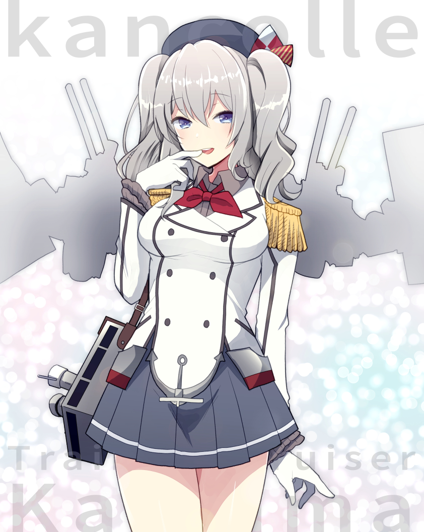 1girl black_skirt blue_eyes breasts buttons cannon copyright_name cowboy_shot epaulettes eyebrows_visible_through_hair finger_to_mouth gloves hiroichi jacket kantai_collection kashima_(kantai_collection) large_breasts long_sleeves looking_at_viewer machinery military_jacket neckerchief pleated_skirt red_neckwear sidelocks silver_hair skirt smile solo turret twintails wavy_hair white_gloves white_jacket