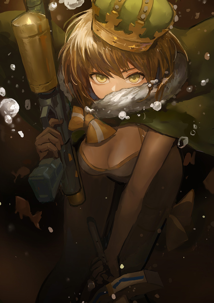 1girl air_bubble animal artoria_pendragon_(all) artoria_pendragon_(swimsuit_archer) bangs blonde_hair breasts bubble casual_one-piece_swimsuit cleavage cloak commentary_request covered_mouth crown danann excalibur fate/grand_order fate_(series) fish fur-trimmed_cloak green_cloak hair_between_eyes highres holding holding_sword holding_weapon looking_at_viewer medium_breasts mini_crown one-piece_swimsuit solo swimsuit sword underwater v-shaped_eyebrows water water_gun weapon white_swimsuit yellow_eyes