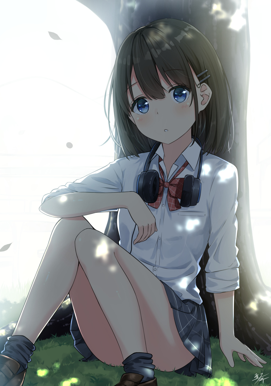 1girl :o against_tree arm_at_side bangs black_hair black_legwear black_skirt blue_eyes blush bow bowtie breast_pocket brown_footwear collared_shirt commentary_request convenient_leg dappled_sunlight day dress_shirt hair_ornament hairclip head_tilt headphones headphones_around_neck highres knees_up looking_at_viewer medium_hair miko_fly miniskirt on_grass on_ground original parted_lips plaid plaid_skirt pocket red_bow red_neckwear shirt shoes signature simple_background skirt sleeves_pushed_up socks solo sunlight tree white_background white_shirt wing_collar
