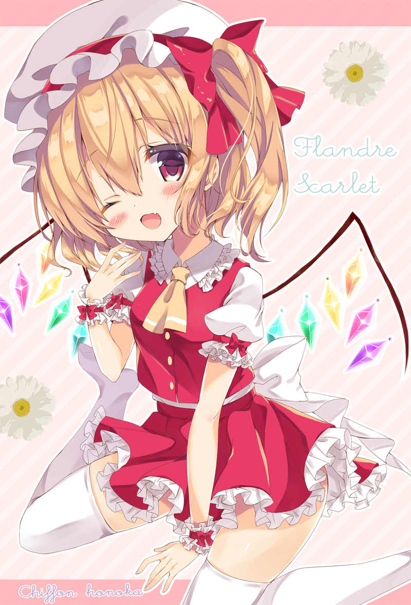 1girl ;d arm_up ascot bangs blonde_hair blush character_name commentary_request crystal eyebrows_visible_through_hair fang flandre_scarlet frilled_shirt_collar frilled_sleeves frills full_body hair_between_eyes hat hat_ribbon holding honoka_(1399871) looking_at_viewer miniskirt mob_cap one_eye_closed one_side_up open_mouth petticoat puffy_short_sleeves puffy_sleeves red_eyes red_ribbon red_skirt red_vest ribbon shoes short_hair short_sleeves sitting skirt smile solo star thigh-highs touhou vest wariza white_hat white_legwear wings wrist_cuffs yellow_neckwear zettai_ryouiki