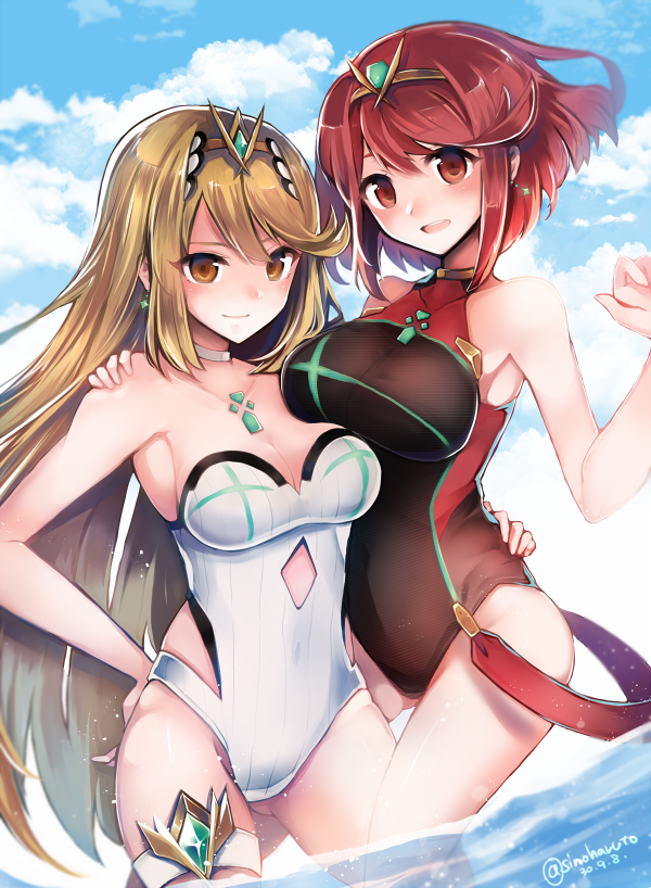 2girls armor bangs black_swimsuit blonde_hair breasts covered_navel earrings fingerless_gloves gem gloves headpiece mythra_(xenoblade) pyra_(xenoblade) hug jewelry large_breasts long_hair looking_at_viewer multiple_girls nintendo one-piece_swimsuit red_eyes redhead shino_haruto short_hair simple_background swept_bangs swimsuit tiara xenoblade_(series) xenoblade_2 yellow_eyes