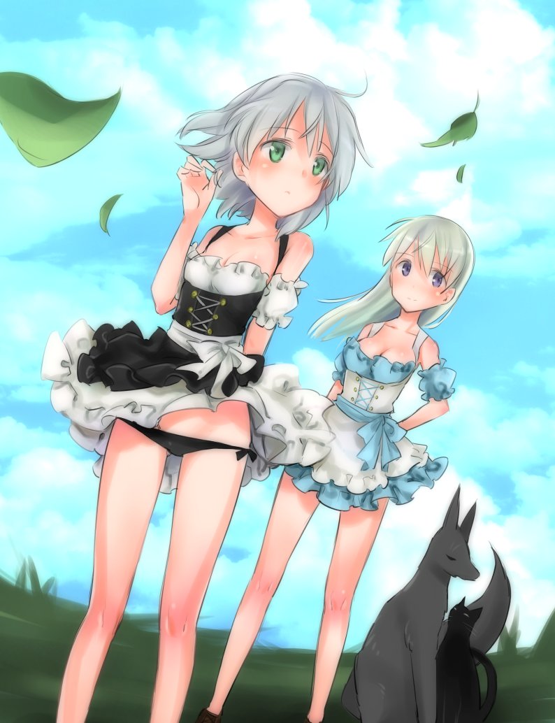 2girls aohashi_ame arm_behind_back armband black_dress black_panties blue_dress blue_eyes blue_sky blush breasts cat cleavage closed_mouth clouds cloudy_sky corset dirndl dog dress dutch_angle eila_ilmatar_juutilainen german_clothes green_eyes hand_on_hip layered_dress leaf light_frown long_hair lowleg lowleg_panties medium_breasts multiple_girls outdoors panties sanya_v_litvyak short_dress short_hair side-tie_panties silver_hair sky small_breasts smile strapless strapless_dress strike_witches underwear wind wind_lift world_witches_series