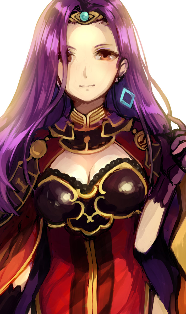 1girl bangs black_gloves breasts brown_eyes brown_hair cape cleavage closed_mouth dress earrings fire_emblem fire_emblem_echoes:_mou_hitori_no_eiyuuou forehead gloves hair_over_one_eye hand_up jewelry jurge long_hair medium_breasts nintendo parted_bangs purple_gloves purple_hair red_cape red_dress simple_background solo sonia_(fire_emblem_gaiden) tiara upper_body very_long_hair white_background