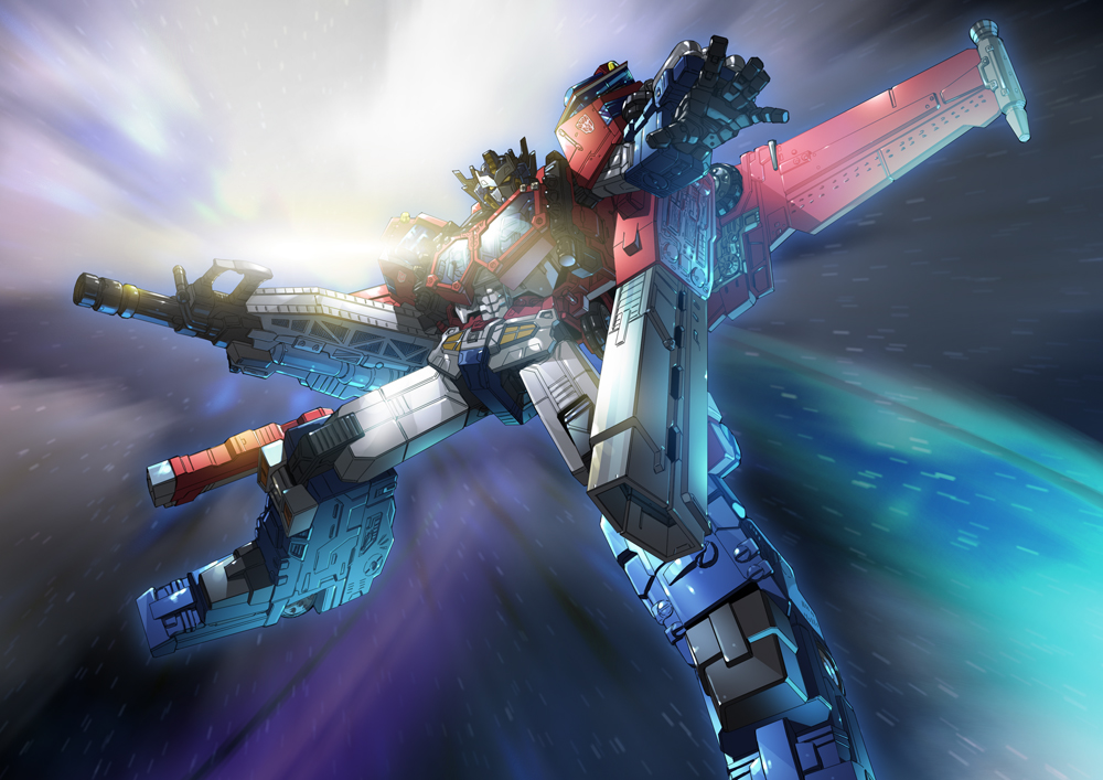 1boy autobot cannon earth full_body grid gun hand_up headgear holding holding_weapon machinery mecha mechanical_wings no_humans optimus_prime paintedmike pose red_background solo space sunrise transformers transformers_cybertron turret weapon wings yellow_eyes