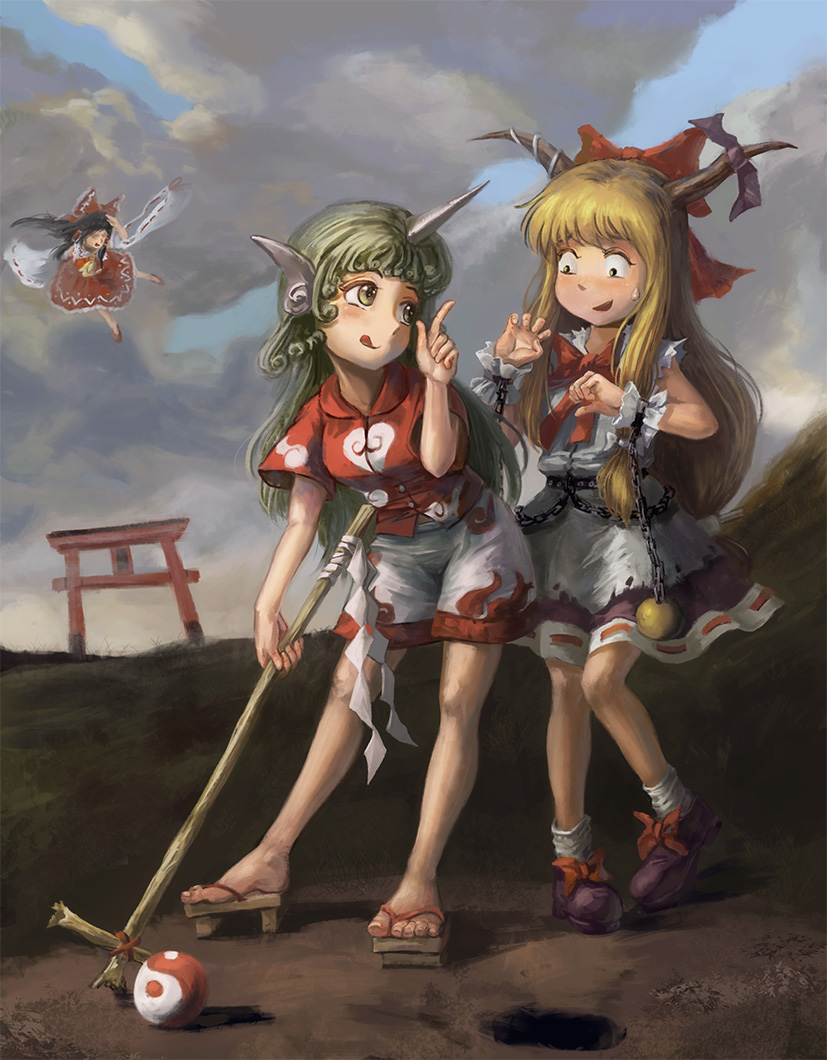 3girls :q amibazh animal_ears ascot bangs bare_arms bare_legs black_hair blonde_hair bow buttons chains cloud_print clouds cloudy_sky collared_shirt constricted_pupils curly_hair day detached_sleeves floating full_body gohei green_eyes green_hair hair_bow hair_tubes hakurei_reimu hand_up holding horn horn_ribbon horns ibuki_suika index_finger_raised japanese_clothes kariyushi_shirt komano_aun long_hair looking_at_another looking_back looking_down loose_socks low-tied_long_hair miko multiple_girls oni outdoors purple_footwear red_bow red_shirt red_skirt ribbon ribbon-trimmed_sleeves ribbon_trim shirt shoe_bow shoes short_sleeves shorts sidelocks skirt skirt_set sky sleeveless sleeveless_shirt smile socks standing sweatdrop toenails toes tongue tongue_out torn_clothes torn_sleeves touhou very_long_hair white_shorts wide-eyed wide_sleeves wrist_cuffs yellow_neckwear