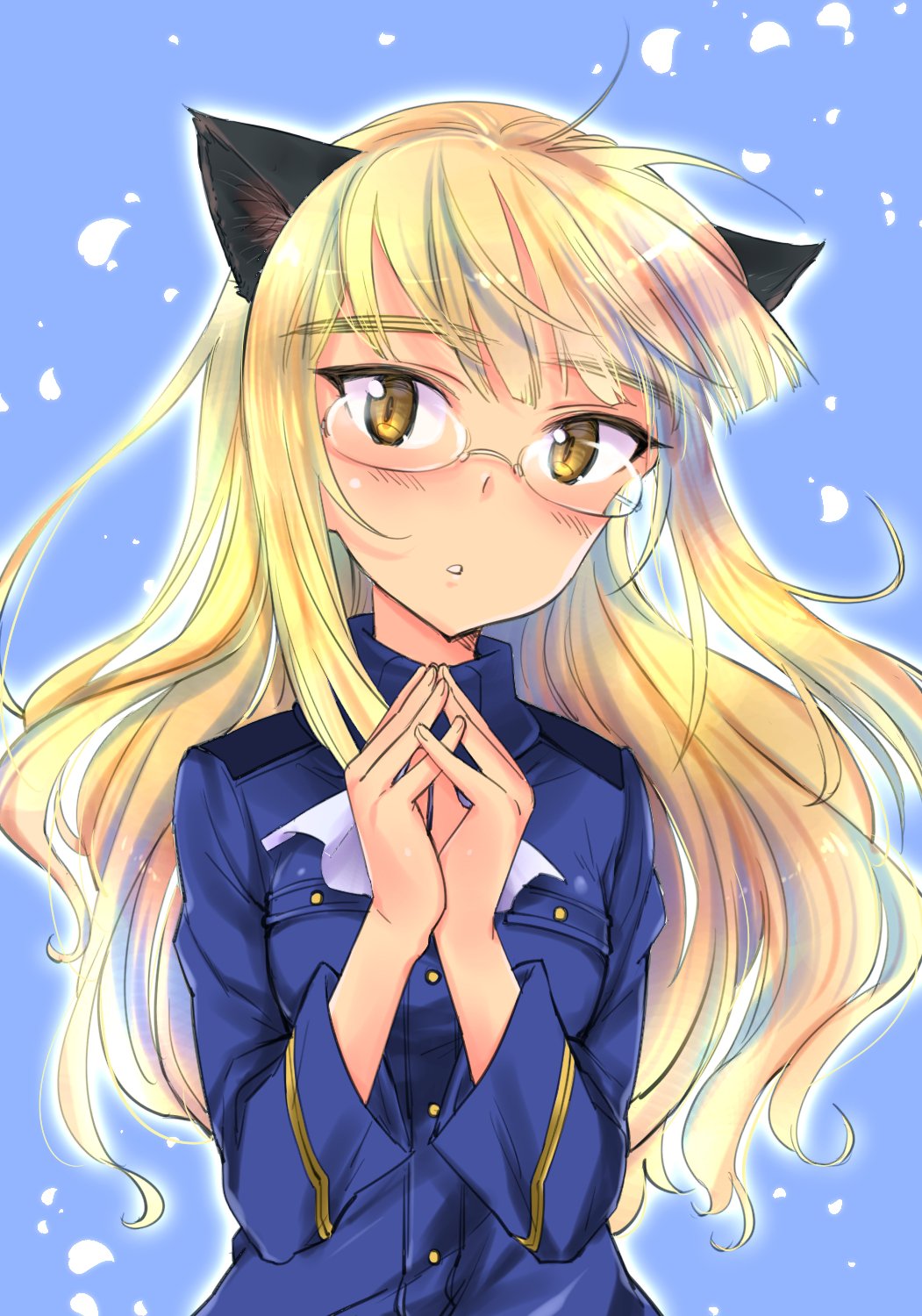 1girl :o animal_ears aohashi_ame bangs blonde_hair blue_jacket cat_ears commentary_request cravat eyebrows_visible_through_hair glasses hands_together highres jacket long_hair long_sleeves military military_uniform parted_lips perrine_h_clostermann petals solo strike_witches uniform white_neckwear wind world_witches_series yellow_eyes