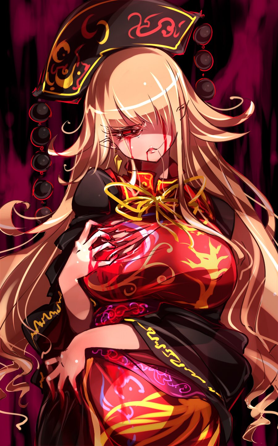 1girl angry animal_print arm_across_waist aura black_dress black_hat blonde_hair blood blood_from_mouth blood_on_face bloody_hands bloody_tears breasts chinese_clothes commentary dark_aura dress ears_visible_through_hair eyelashes hair_over_one_eye hat head_tilt highres junko_(touhou) large_breasts long_hair long_sleeves looking_at_viewer obi pointy_ears raptor7 red_eyes ribbon sash shiny shiny_hair shiny_skin sketch solo squinting tabard tassel tearing_clothes torn_clothes touhou upper_body very_long_hair wide_sleeves