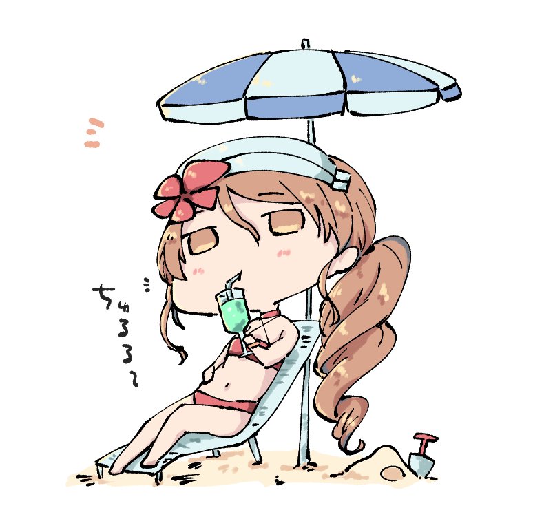 1girl bikini brown_eyes brown_hair chibi cup drinking_glass drinking_straw eyebrows_visible_through_hair flower full_body hair_between_eyes hair_flower hair_ornament holding holding_cup kantai_collection kuromaru_(dottomatto) littorio_(kantai_collection) long_hair midriff navel parasol ponytail red_bikini simple_background sitting solo swimsuit umbrella wavy_hair white_background