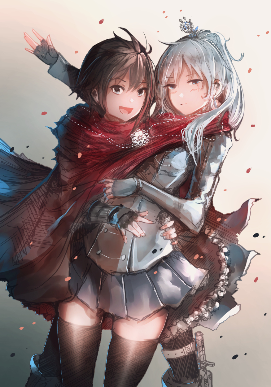 2girls alternate_costume anonamos cape fingerless_gloves gloves hand_holding hat highres holstered_weapon hug knife multiple_girls red_scarf ruby_rose rwby scarf shared_scarf smile weiss_schnee white_hair yuri