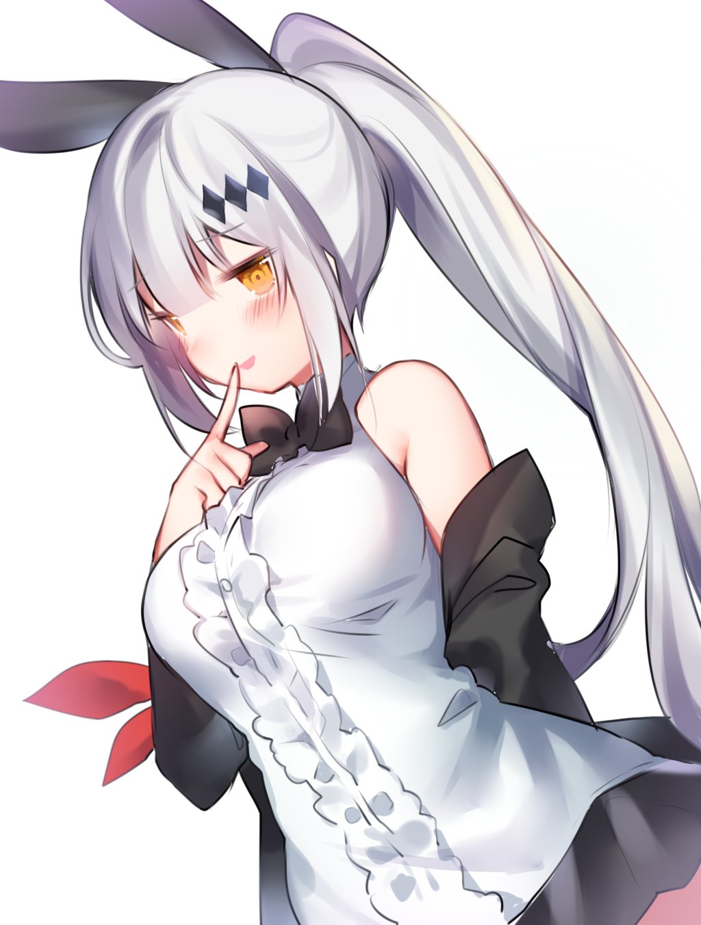 1girl animal_ears arm_behind_back armband bangs bare_shoulders black_jacket black_skirt blouse blush breasts bunny_hair_ornament commentary cowboy_shot eyebrows_visible_through_hair fake_animal_ears finger_to_mouth five-seven_(girls_frontline) girls_frontline hair_between_eyes hair_ornament hand_on_own_chest high_ponytail highres jacket large_breasts long_hair off_shoulder open_clothes open_jacket pleated_skirt ponytail rabbit_ears sidelocks silver_hair skirt smile solo standing thighs thxsama white_blouse yellow_eyes