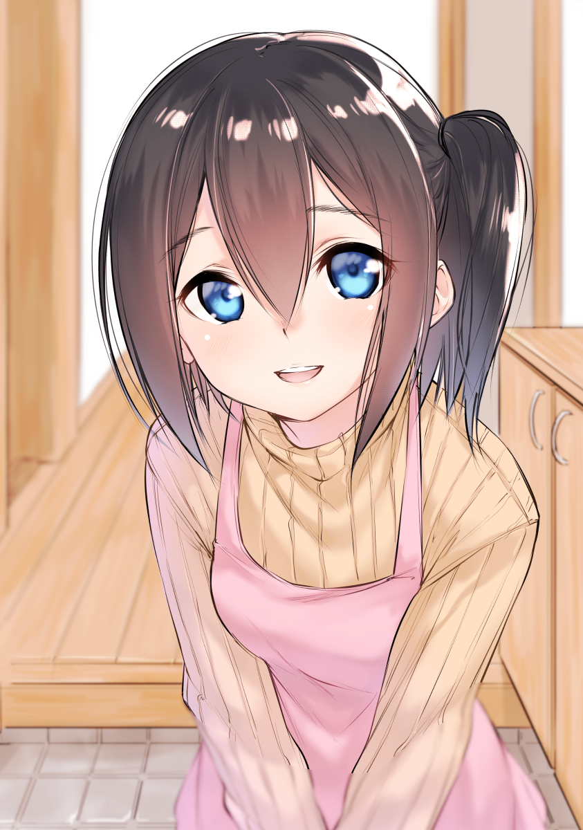 1girl :d apron bangs blue_eyes blush breasts brown_hair brown_sweater commentary eyebrows_visible_through_hair hair_between_eyes hallway highres indoors leaning_forward long_sleeves looking_at_viewer one_side_up open_mouth original pink_apron ribbed_sweater small_breasts smile solo suzunari_shizuku sweater upper_teeth yuki_arare