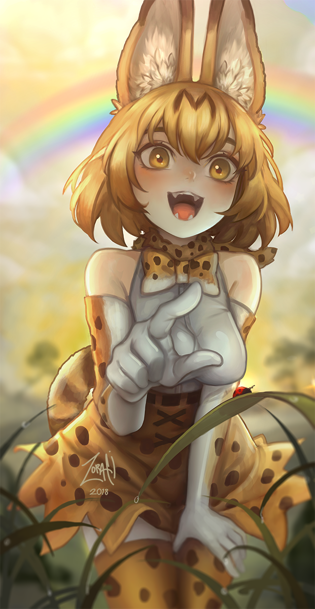 animal_ears blurry blurry_background bow bowtie breasts bug dew_drop elbow_gloves fangs gloves grass high-waist_skirt highres insect kemono_friends ladybug leaning_forward medium_breasts medium_hair open_mouth pointing pointing_forward print_gloves print_neckwear print_skirt rainbow serval_(kemono_friends) serval_ears serval_print serval_tail skirt smile solo striped_tail tail tareme thigh-highs water_drop yellow_eyes zettai_ryouiki zorafi