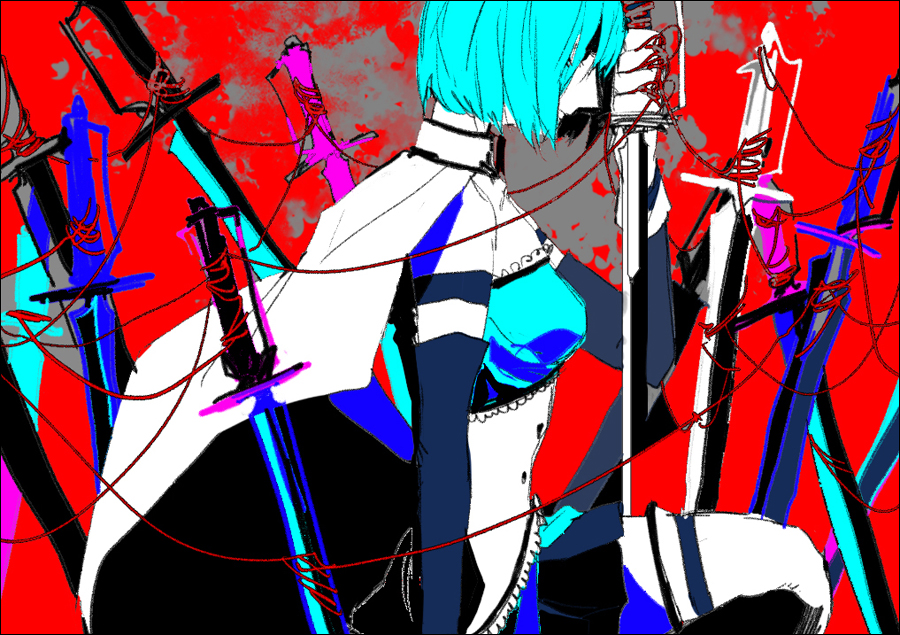 1girl blue_hair cape field_of_blades hand_on_hilt hand_on_sword holding holding_sword holding_weapon kneeling magical_girl mahou_shoujo_madoka_magica miki_sayaka mzet one_knee planted_sword planted_weapon red_string short_hair solo string sword weapon