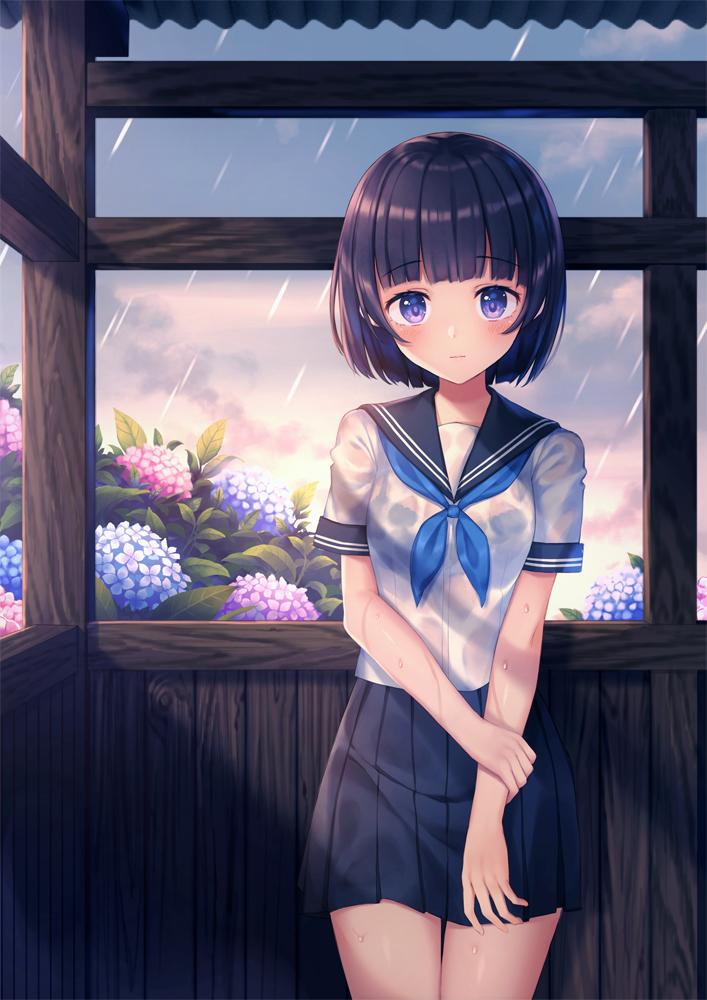 1girl arm_grab bangs black_bra black_hair black_sailor_collar black_skirt blue_flower blue_neckwear blush bob_cut bra bra_through_clothes breasts closed_mouth clouds cloudy_sky commentary_request day eyebrows_visible_through_hair flower hydrangea kawami_nami looking_at_viewer neckerchief original outdoors pink_flower pleated_skirt rain sailor_collar school_uniform see-through serafuku shirt short_hair short_sleeves skirt sky small_breasts solo standing thigh_gap underwear violet_eyes wet wet_clothes wet_shirt white_shirt