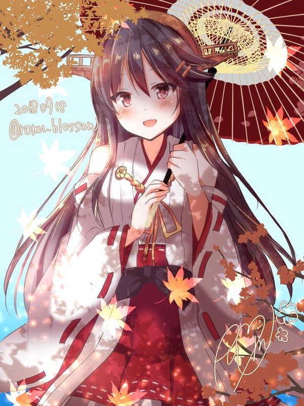 1girl :d bare_shoulders black_hair cowboy_shot dated detached_sleeves hair_ornament hairclip haruna_(kantai_collection) headgear holding holding_umbrella kantai_collection long_hair nanoha-h nontraditional_miko open_mouth oriental_umbrella red_skirt remodel_(kantai_collection) signature skirt smile solo twitter_username umbrella upper_body