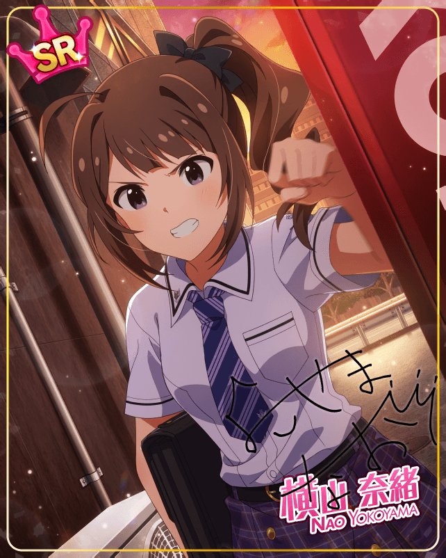 blush brown_hair dress idolmaster idolmaster_million_live! idolmaster_million_live!_theater_days long_hair necktie side_ponytail violet_eyes yokoyama_nao