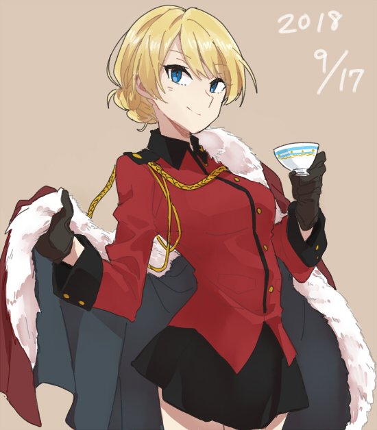 1girl 2018 black_gloves black_skirt blonde_hair blue_eyes braid cape cape_removed capelet darjeeling dated eyebrows_visible_through_hair french_braid fur-trimmed_capelet fur_trim girls_und_panzer gloves holding_cape looking_at_viewer ree_(re-19) short_hair skirt smile solo st._gloriana's_military_uniform tan_background