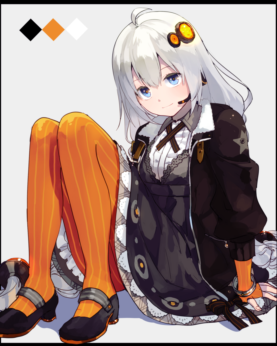 1girl ahoge bangs black_footwear black_jacket blue_eyes bracelet dress eyebrows_visible_through_hair gloves grey_dress hair_between_eyes hair_ornament headset highres jacket jewelry kizuna_akari long_hair microphone open_clothes open_jacket orange_gloves orange_legwear orange_pupils pantyhose saz8720 shadow shoes sitting solo star striped striped_gloves striped_legwear vertical-striped_gloves vertical-striped_legwear vertical_stripes very_long_hair vocaloid voiceroid white_hair