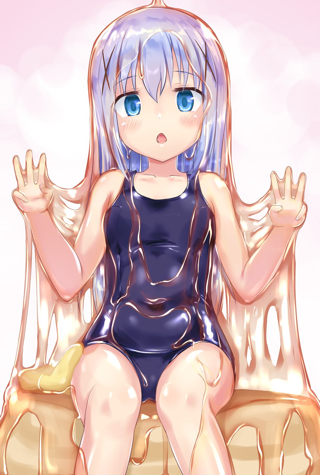 1girl arms_up blue_eyes blue_hair blush butter chestnut_mouth collarbone commentary_request food food_on_body food_on_face food_on_head gochuumon_wa_usagi_desu_ka? hair_between_eyes hair_ornament hairclip highres honey kafuu_chino long_hair looking_at_viewer naka navel object_on_head one-piece_swimsuit open_mouth pancake simple_background sitting sitting_on_food solo swimsuit thighs wet white_background