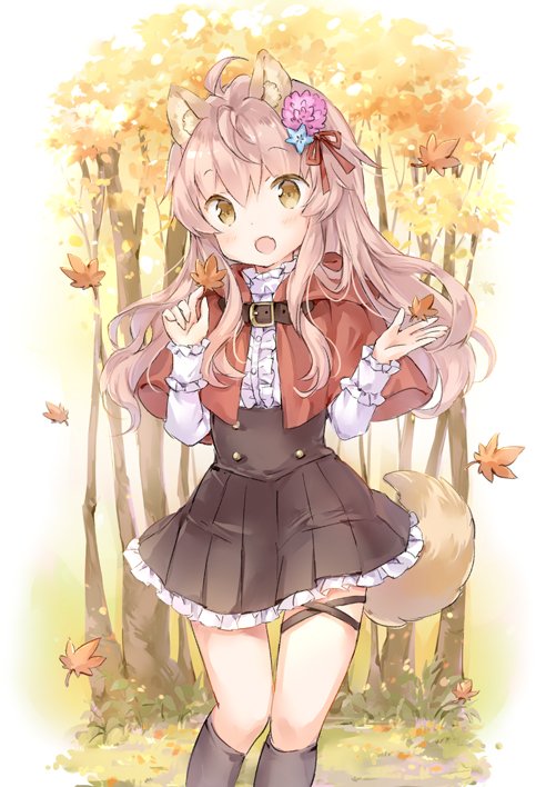 1girl :d animal_ears autumn autumn_leaves capelet commentary fang flower forest frilled_skirt frills hair_flower hair_ornament nature open_mouth original pleated_skirt shirt skirt smile tail tree wataame27 wolf_ears wolf_tail yellow_eyes