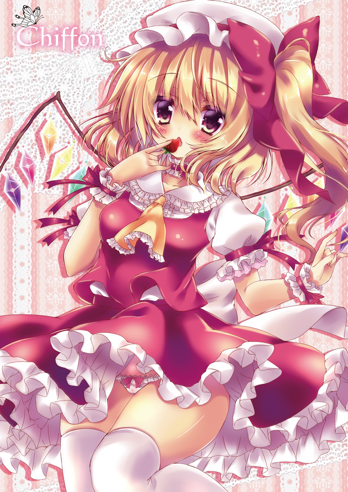 1girl artist_name ascot bangs blonde_hair blush bow bow_panties breasts commentary_request crystal eyebrows_visible_through_hair fang flandre_scarlet food frilled_cuffs frilled_neckwear frilled_shirt_collar frilled_sleeves frills fruit hair_between_eyes hat hat_ribbon holding holding_fruit honoka_(1399871) knee_up lace lace_panties looking_at_viewer mob_cap one_side_up open_mouth panties pantyshot pantyshot_(standing) petticoat puffy_short_sleeves puffy_sleeves red_eyes red_ribbon red_skirt red_vest ribbon short_hair short_sleeves sitting skirt small_breasts smile solo standing star strawberry thigh-highs touhou underwear vest white_hat white_legwear white_panties wings wrist_cuffs yellow_neckwear zettai_ryouiki