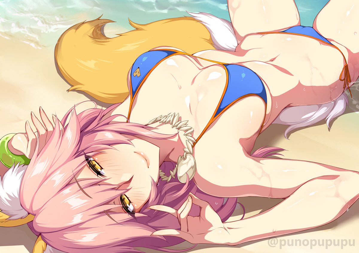 1girl animal_ears arms_up artist_name beach bikini blue_bikini blush closed_mouth fate/grand_order fate_(series) fingernails fox_ears fox_shadow_puppet fox_tail jewelry lips long_fingernails long_hair looking_at_viewer lying navel necklace on_back pink_hair side-tie_bikini slender_waist smile solo swimsuit tail tamamo_(fate)_(all) tamamo_no_mae_(swimsuit_lancer)_(fate) wet zeroshiki_kouichi